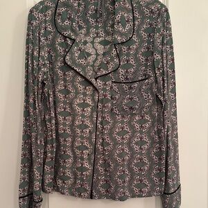 Anthropologie Green and Black Patterned Blouse